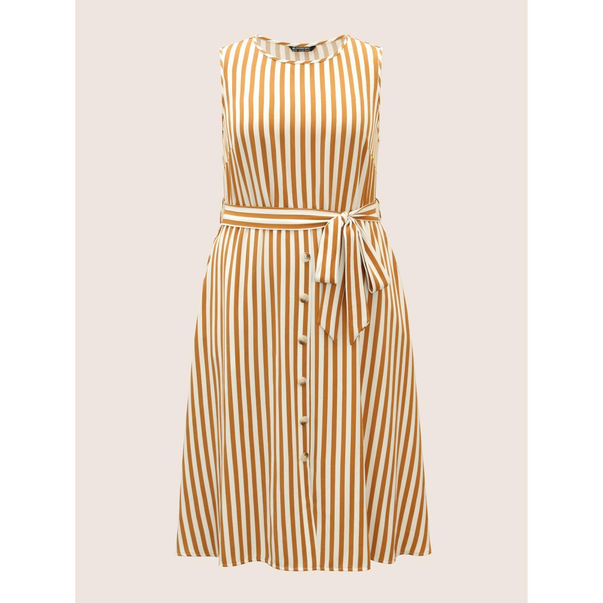 Plus Size Striped Sleeveless Button Detail Belted Midi Dress Wheat Women Work From Home Belted Round Neck Sleeveless Curvy BloomChic 30/6X Product Image