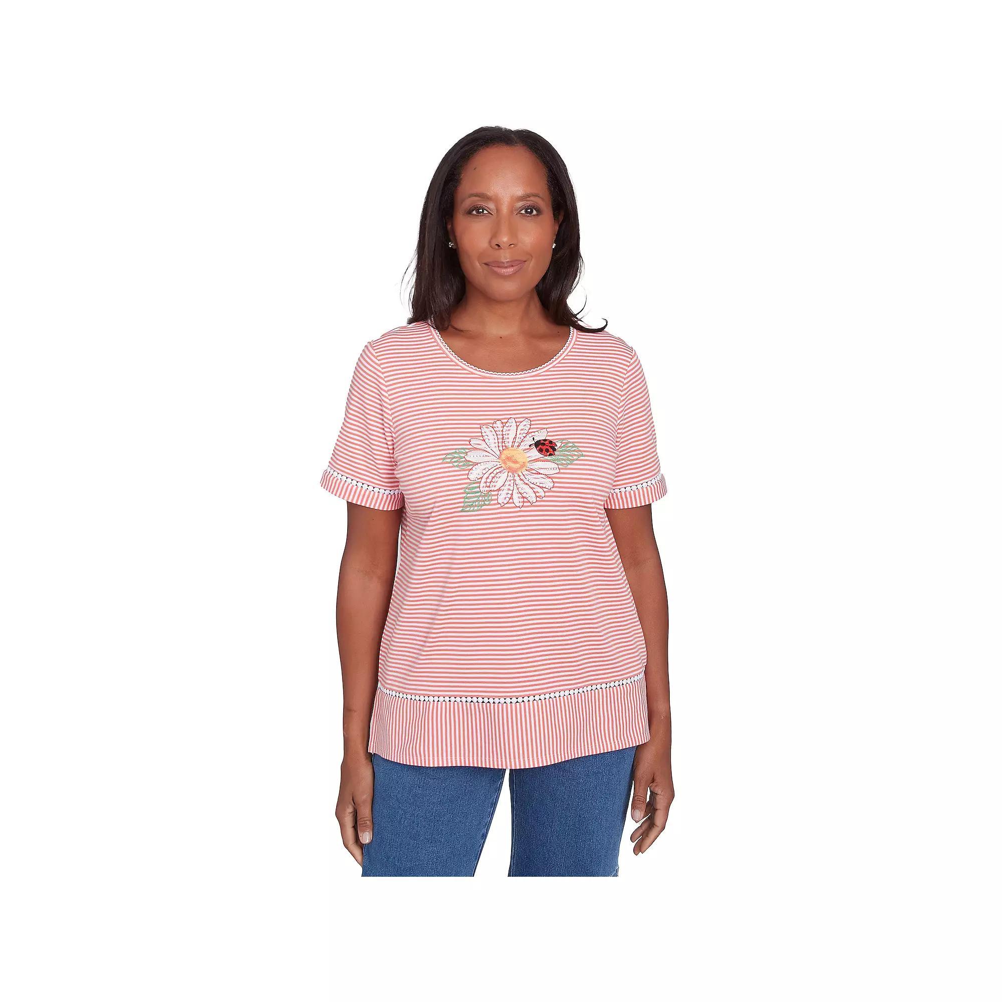 Petite Alfred Dunner Daisy Knit Striped Tee, Women's, Size: Medium Petite, Pink Product Image