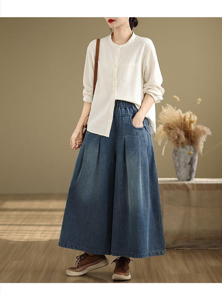 Elastic Waist Washed Pleated Denim Culottes Product Image