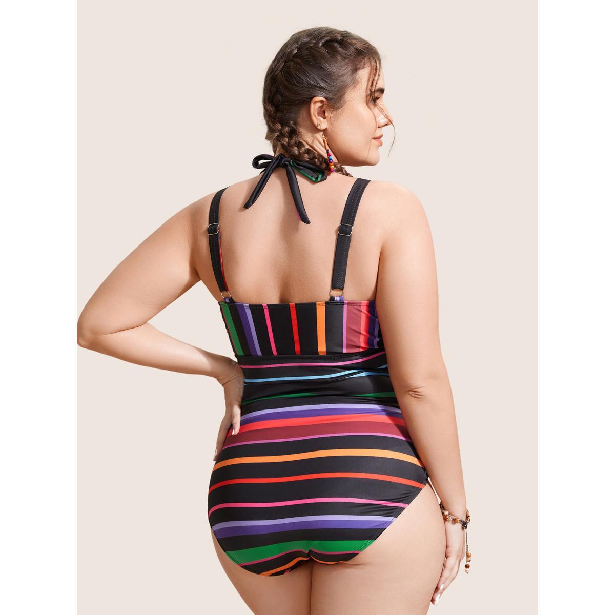Plus Size Contrast Striped Tie Knot One Piece Swimsuit Women's Swimwear Multicolor Beach Tie knot Curve Bathing Suits High stretch One Pieces BloomChic 26/4X Product Image