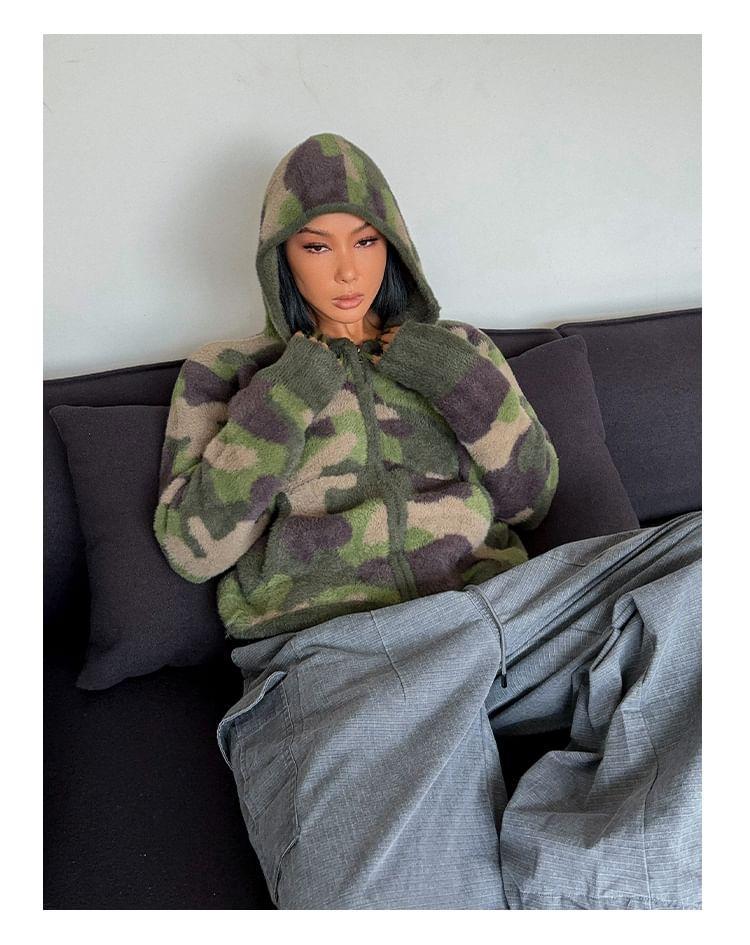 Camo Print Hooded Zip Cardigan Product Image