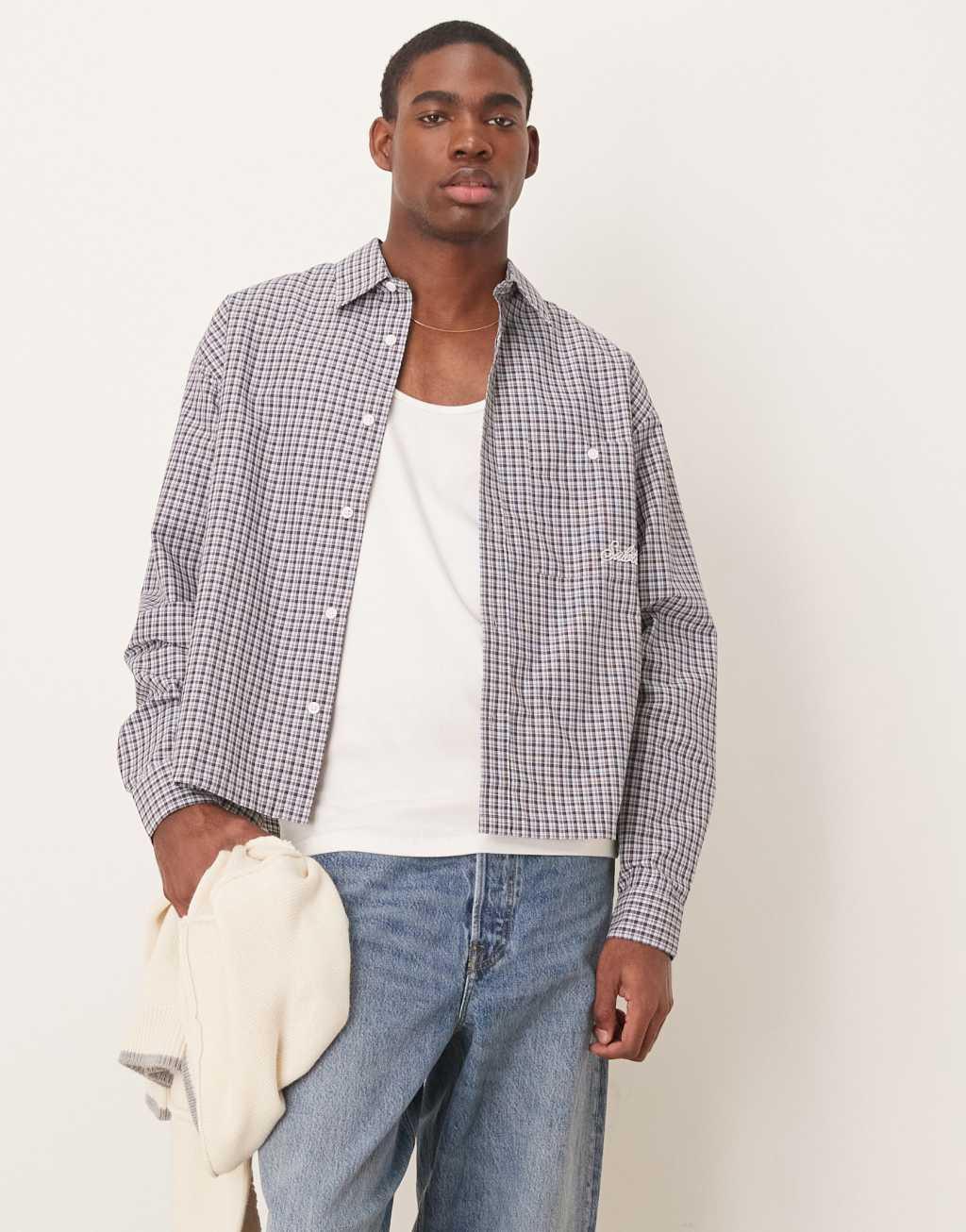 ASOS DESIGN oversized boxy shirt with embroidered pocket in gray check Product Image