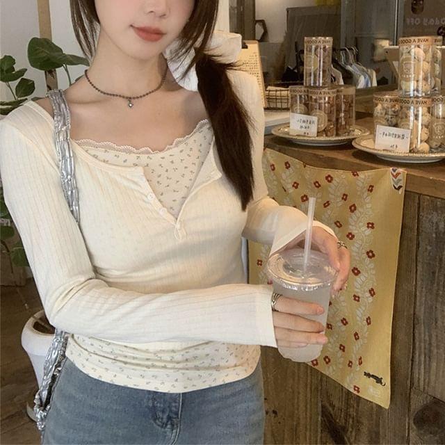 Mock Two-Piece Long-Sleeve Henley Floral Panel Ribbed Knit Top Product Image