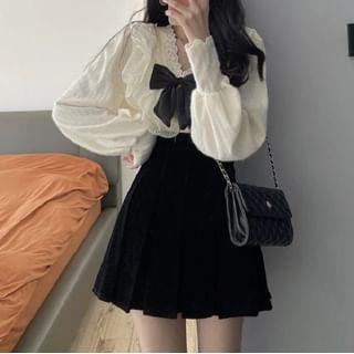 Long-Sleeve Ruffled Bow Blouse / Pleated Mini A-Line Skirt Product Image