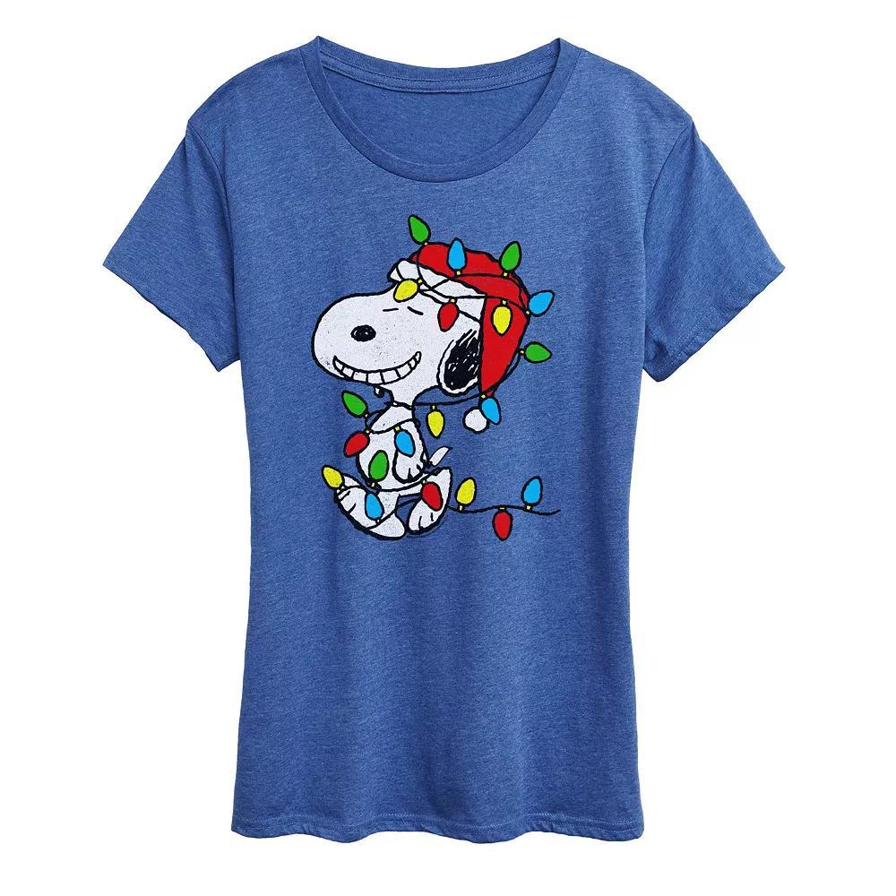 Women's Peanuts Snoopy Christmas Lights Graphic Tee, Size: Large, Grey Green Product Image