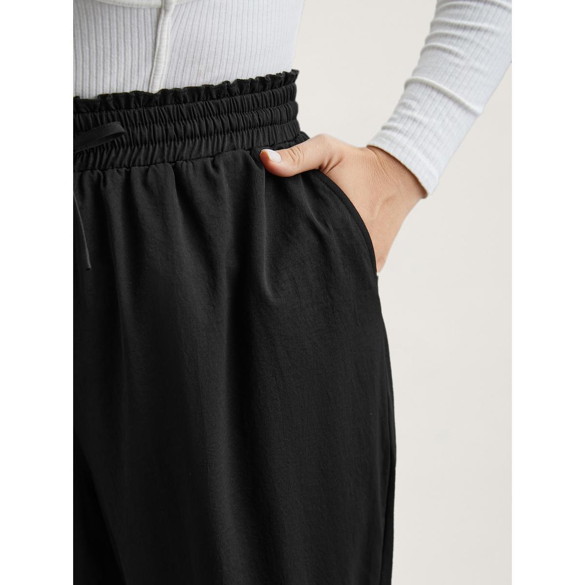 Plus Size Ruffled Waist Drawstring Tapered Pants Women Black Casual Mid Rise Everyday Pants BloomChic 14-16/1X Product Image