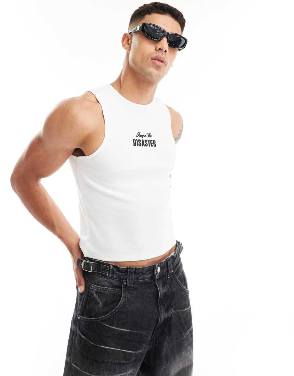 ASOS DESIGN muscle tank top in white with text chest print Product Image