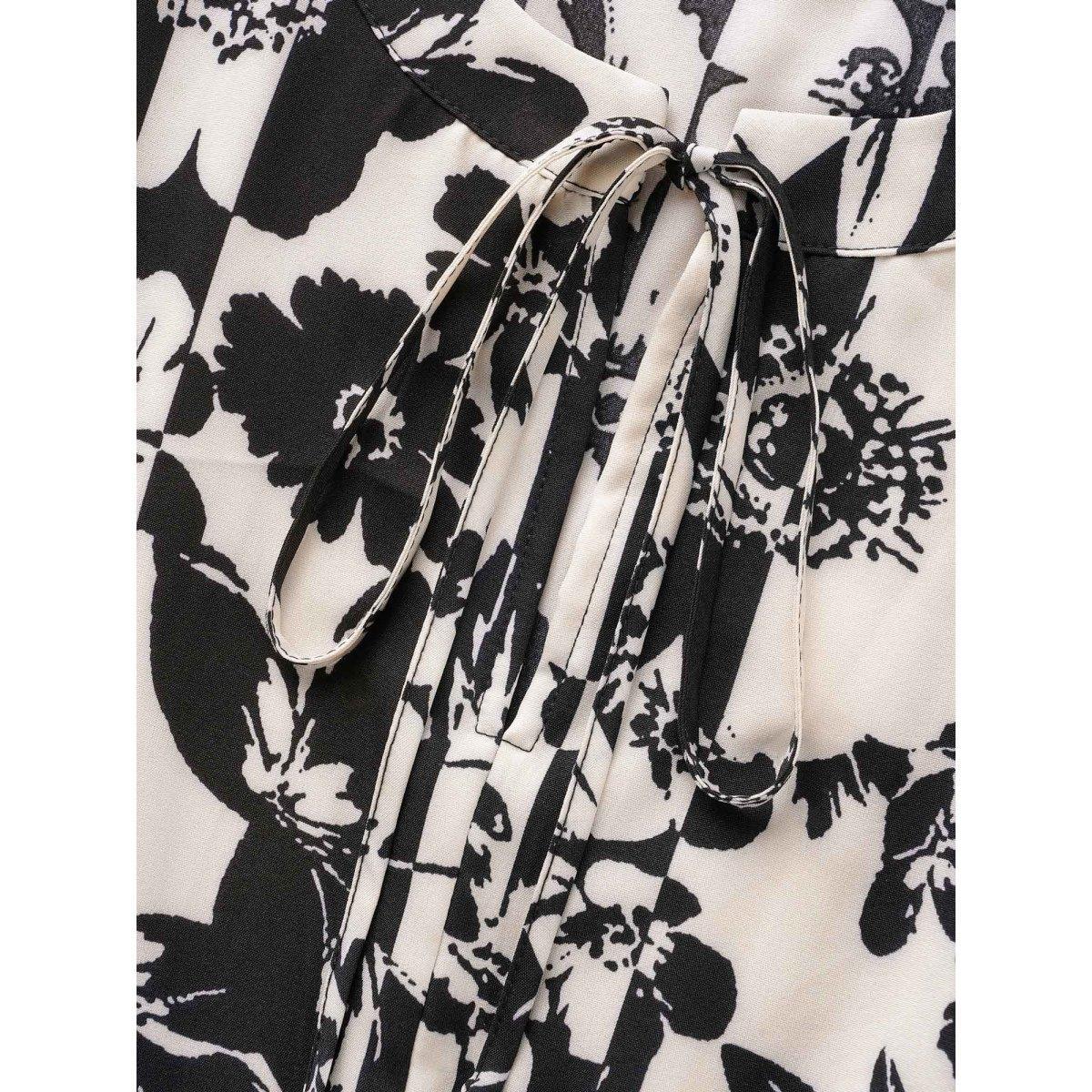 Plus Size Silhouette Floral Print Tie Knot Gathered Dress WhiteSmoke Women Elegant Tie knot V-neck Long Sleeve Curvy BloomChic 14-16/1X Product Image