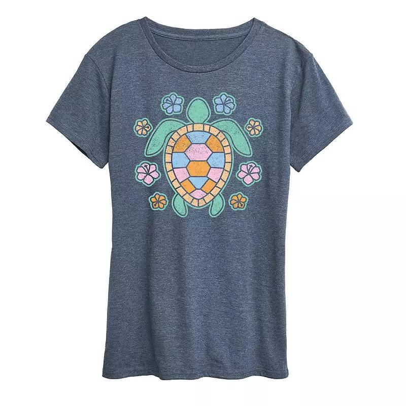 Women's Turtle And Flowers Graphic Tee, Size: Large, Grey Royal Blue Product Image
