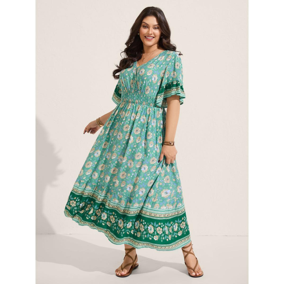 Plus Size Floral Bell Sleeve Shirred Waist Midi Dress Emerald Women Overlap Collar Half Sleeve Curvy BloomChic 26/4X Product Image
