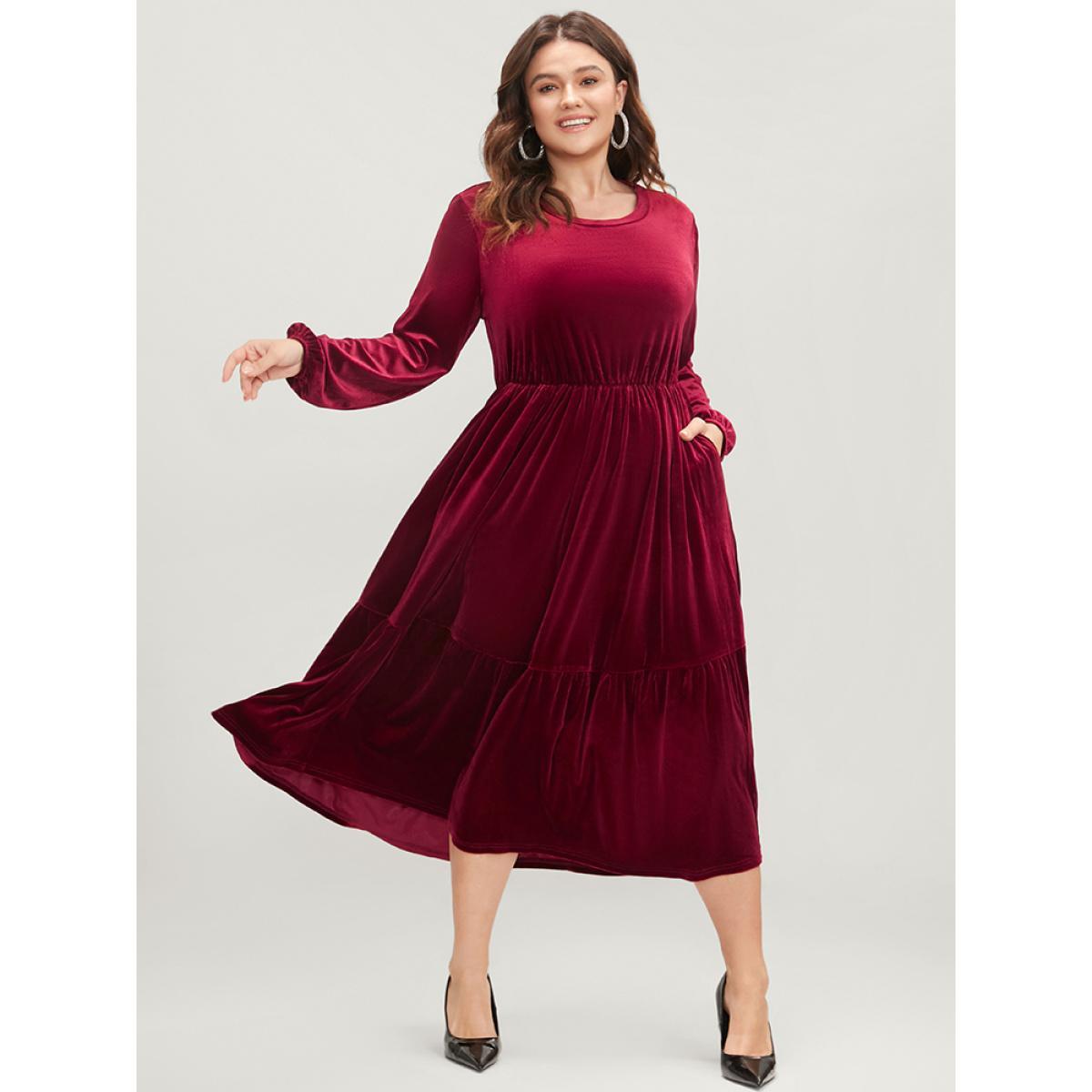 Plus Size Solid Pocket Lantern Sleeve Velvet Flutter Dress Burgundy Women Party Plain Round Neck Long Sleeve Curvy Long Dress BloomChic 26/4X Product Image