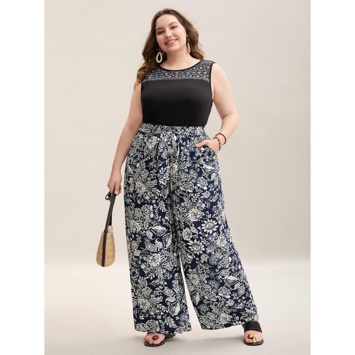 Plus Size Floral Print Waist-Tie Straight-Leg Pants Women Indigo Casual Wide Leg Mid Rise Everyday Pants BloomChic 26/4X Product Image