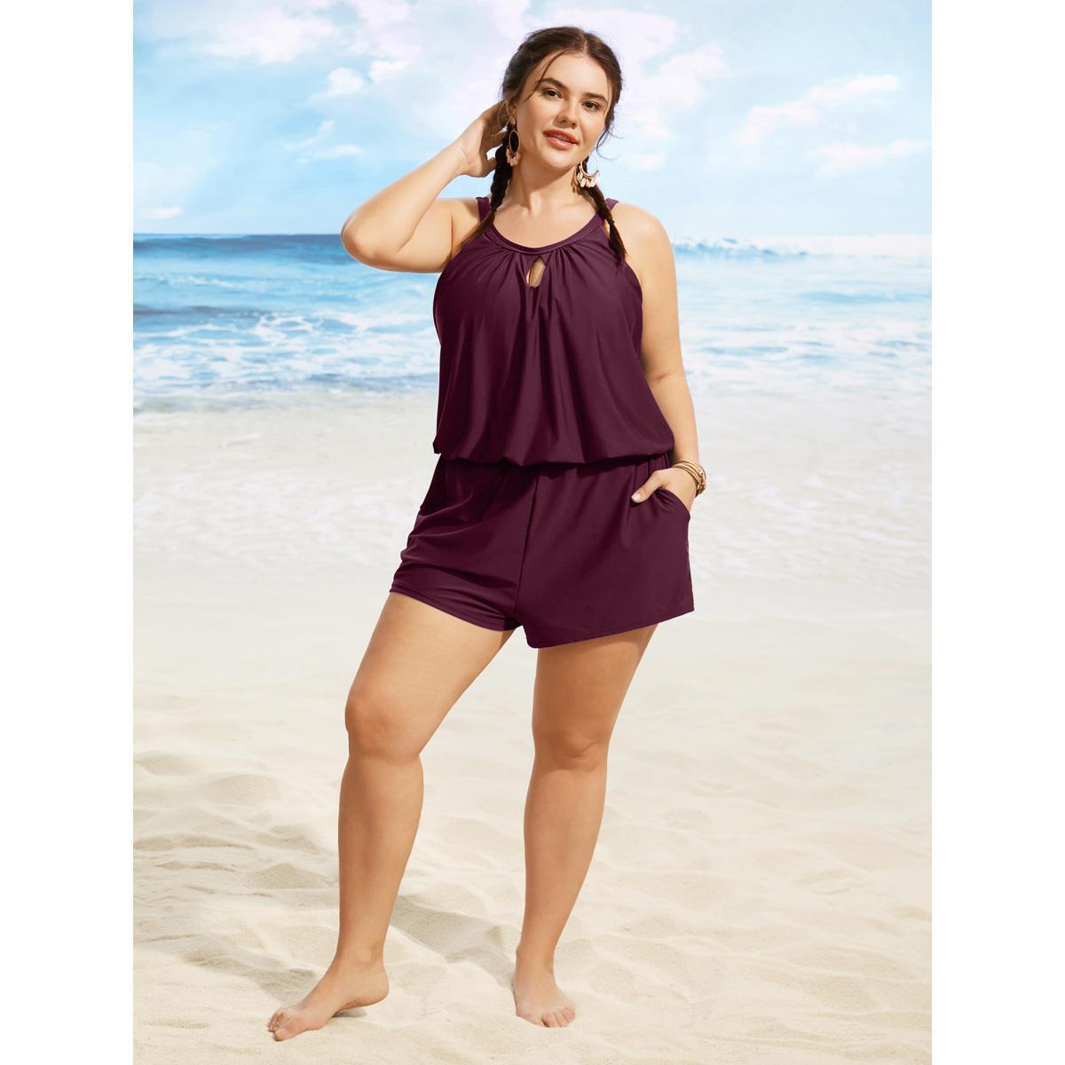 Plus Size Solid Keyhole Elastic Waist Gathered One Piece Swimsuit Women's Swimwear Plum Beach Gathered Curve Bathing Suits High stretch One Pieces BloomChic 30/6X Product Image