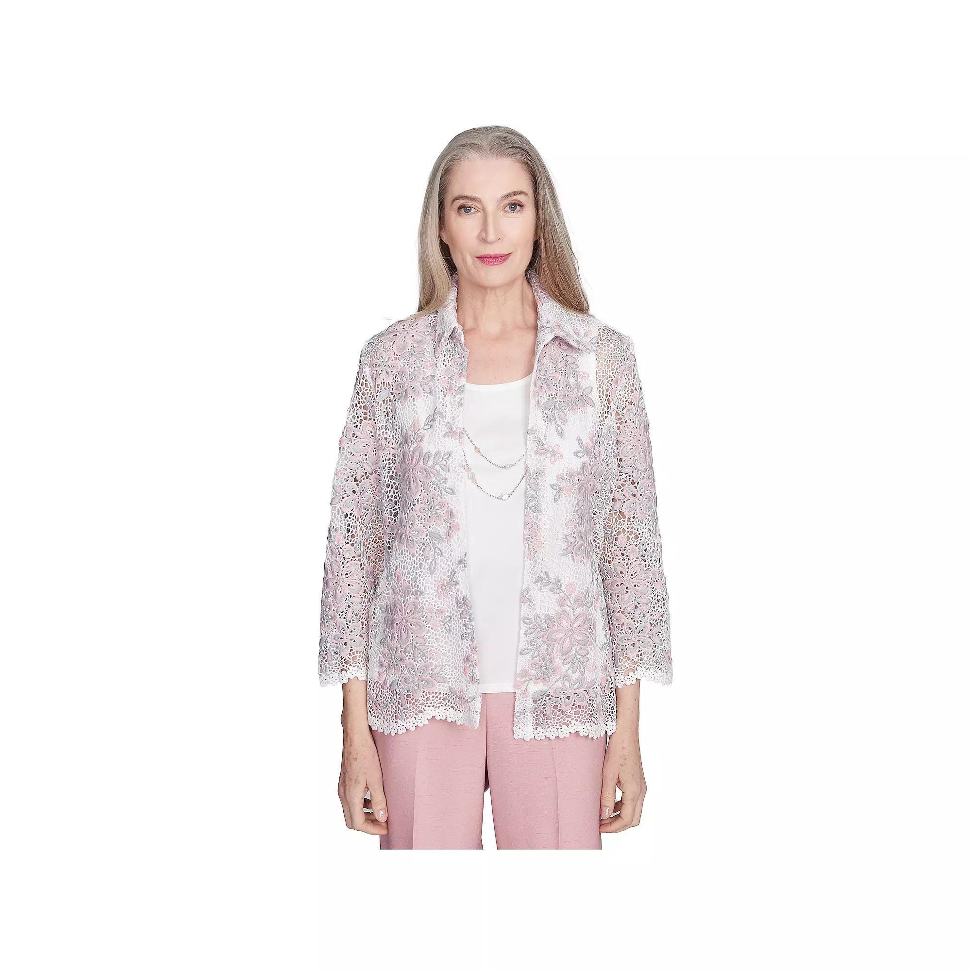 Women's Alfred Dunner Floral Lace Two in One Top with Necklace, Size: Large, Pink Team Product Image