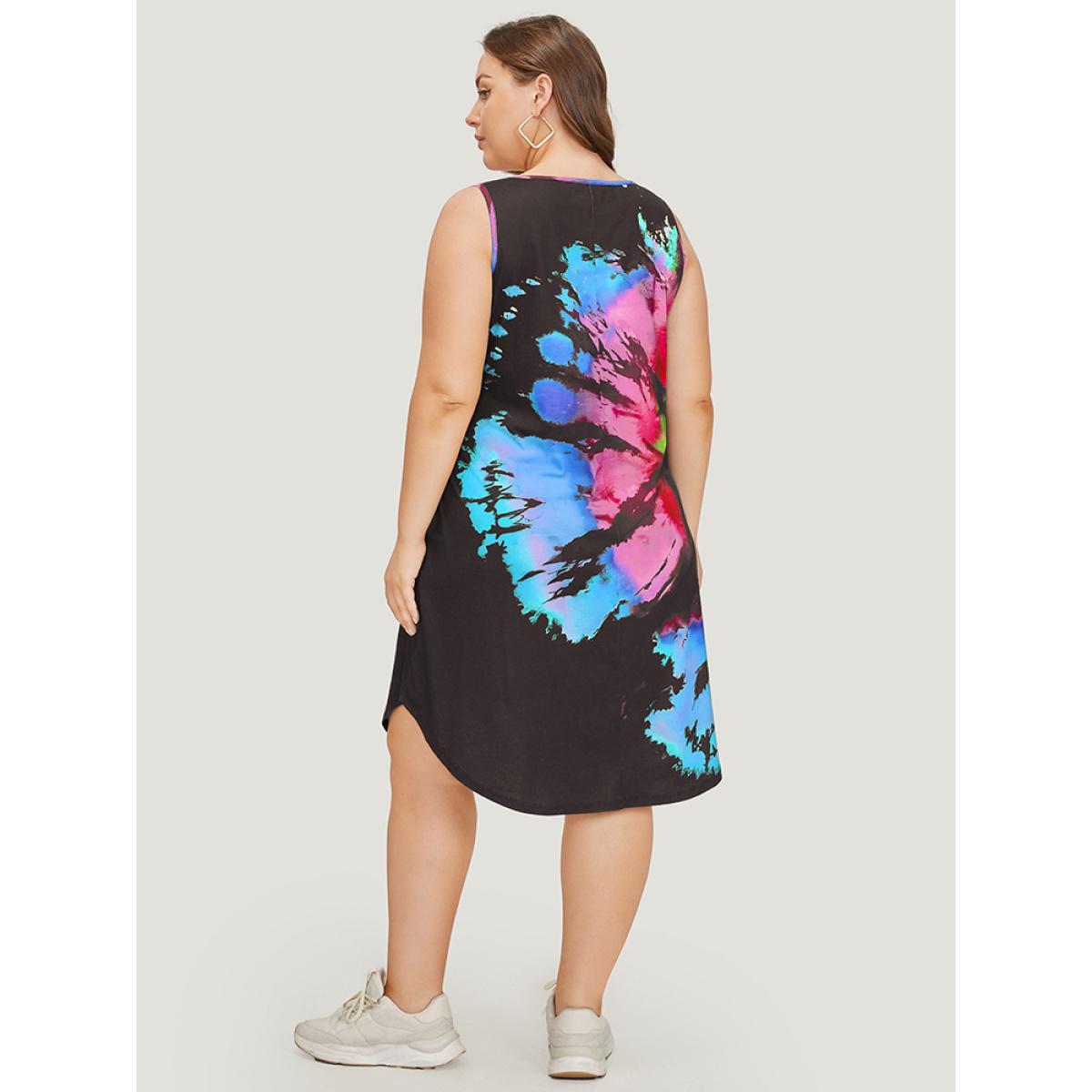 Plus Size Tie Dye Notched Pocket Arc Hem Tank Dress Multicolor Women Casual Arc Hem Notched collar Sleeveless Curvy Midi Dress BloomChic 12/L Product Image
