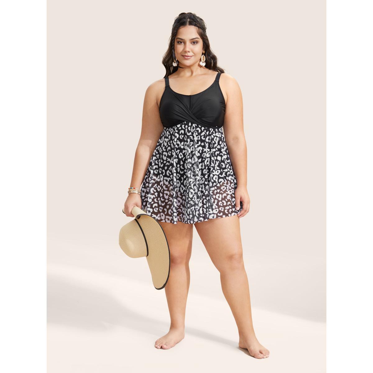 Plus Size Leopard Print Patchwork Heart Neckline Swim Dress Women's Swimwear Black Beach Bodycon U-neck High stretch Curve Swim Dresses BloomChic 14-16/1X Product Image