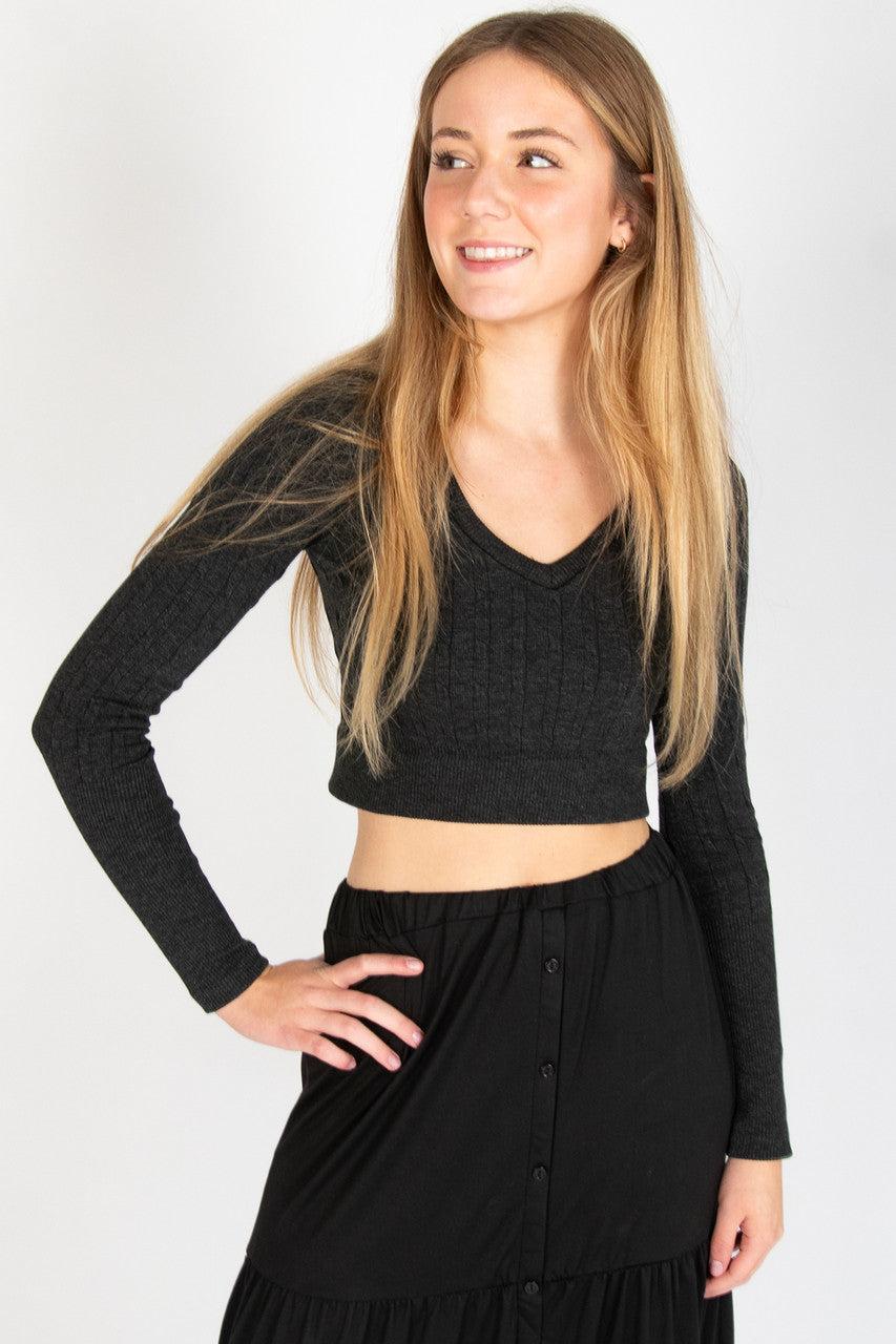 Cable Knit V Neck Crop Top Product Image