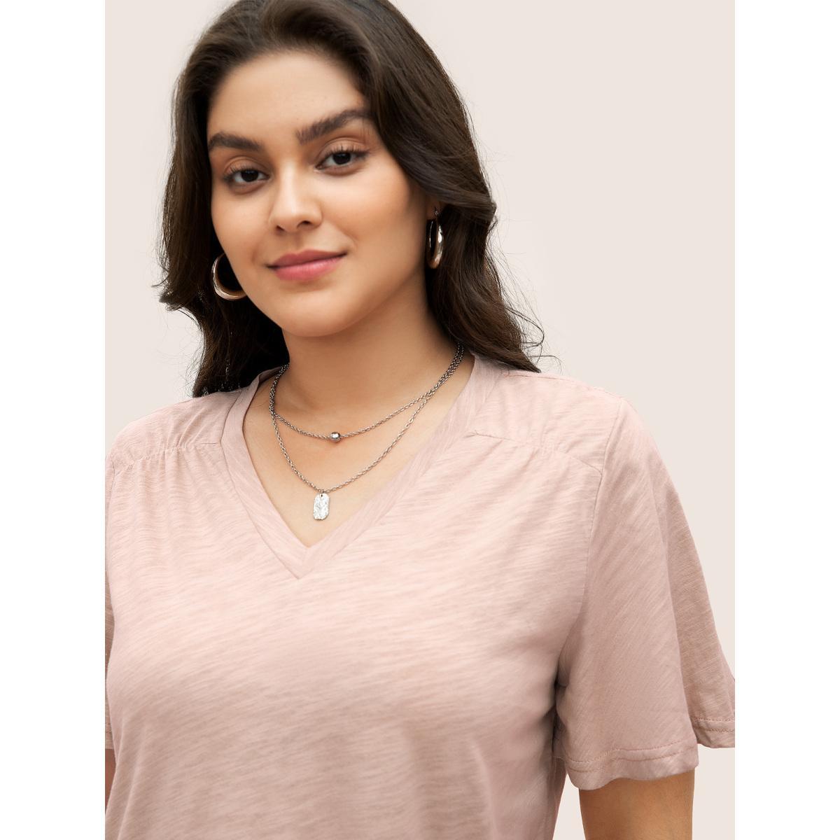 Plus Size Plain Ruffle Sleeve Heather V Neck T-shirt Rouge Women Casual Plain V-neck Everyday T-shirts BloomChic 12/L Product Image