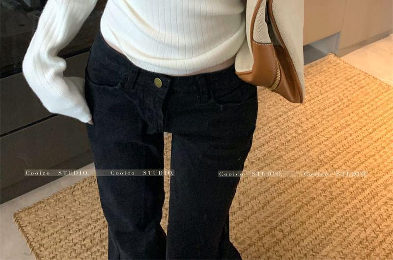 Long-Sleeve Crew Neck Plain Lace Trim Half-Buttoned Slim Fit Crop Knit Top Product Image