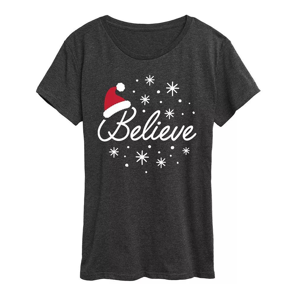 Plus Believe With Santa Hat Graphic Tee, Women's, Size: 1XL, Grey Gray Product Image
