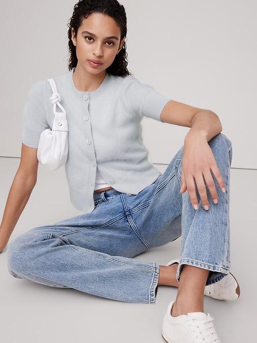 Lightweight Brushed Cashmere Short-Sleeve Cardigan Sweater Product Image
