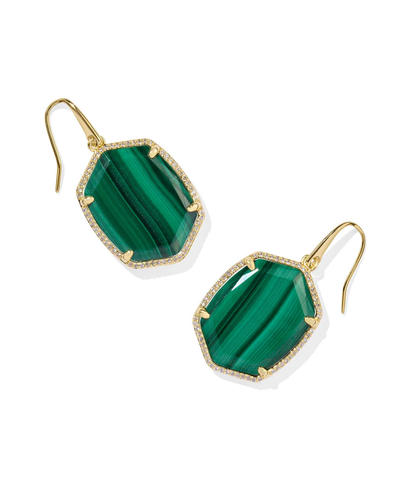 Daphne Gold Pave Frame Drop Earrings in Green Malachite Product Image