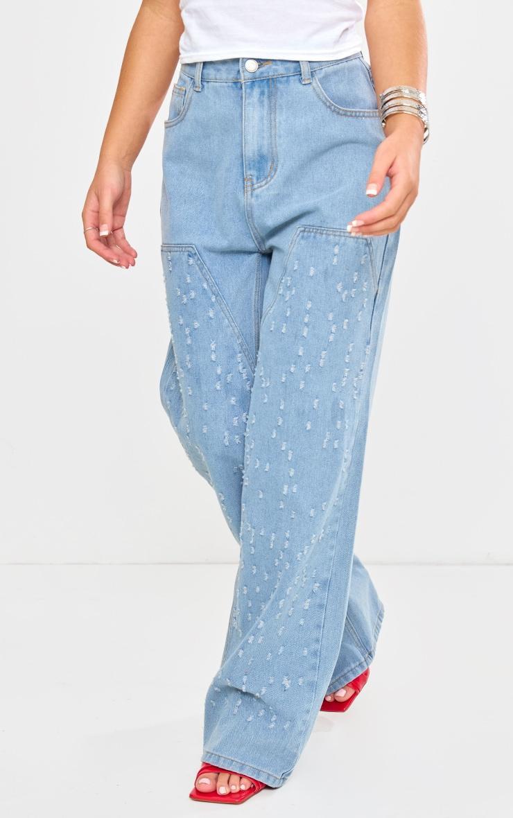 Light Blue Distressed Western Seam Detail Straight Leg Denim Jeans Product Image
