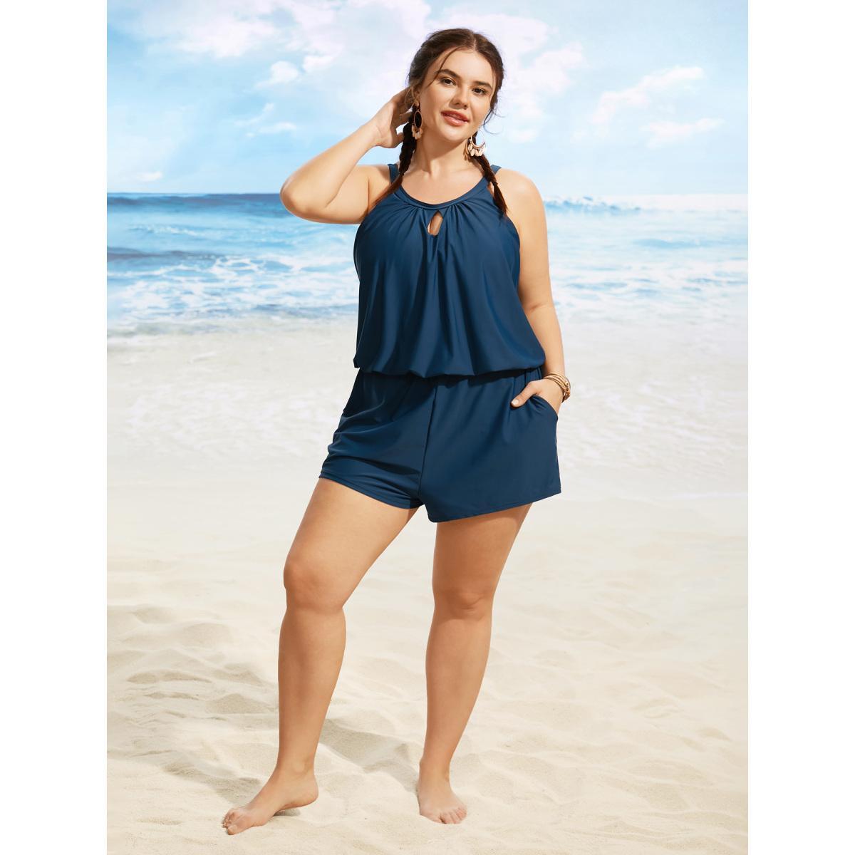 Plus Size Solid Keyhole Elastic Waist Gathered One Piece Swimsuit Women's Swimwear Indigo Beach Gathered Curve Bathing Suits High stretch One Pieces BloomChic 14-16/1X Product Image