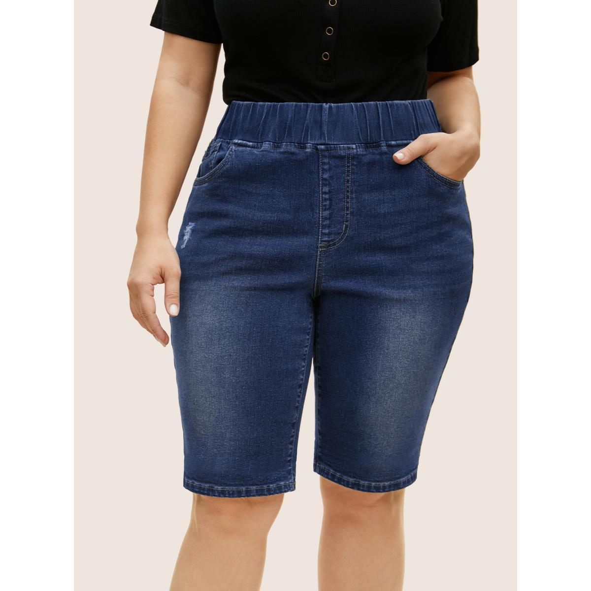Plus Size Dark Wash Distressed Roll Hem Denim Shorts Women Denimindigo Roll Hem High stretch Everyday Slanted pocket Casual Denim Shorts BloomChic 12/L Product Image