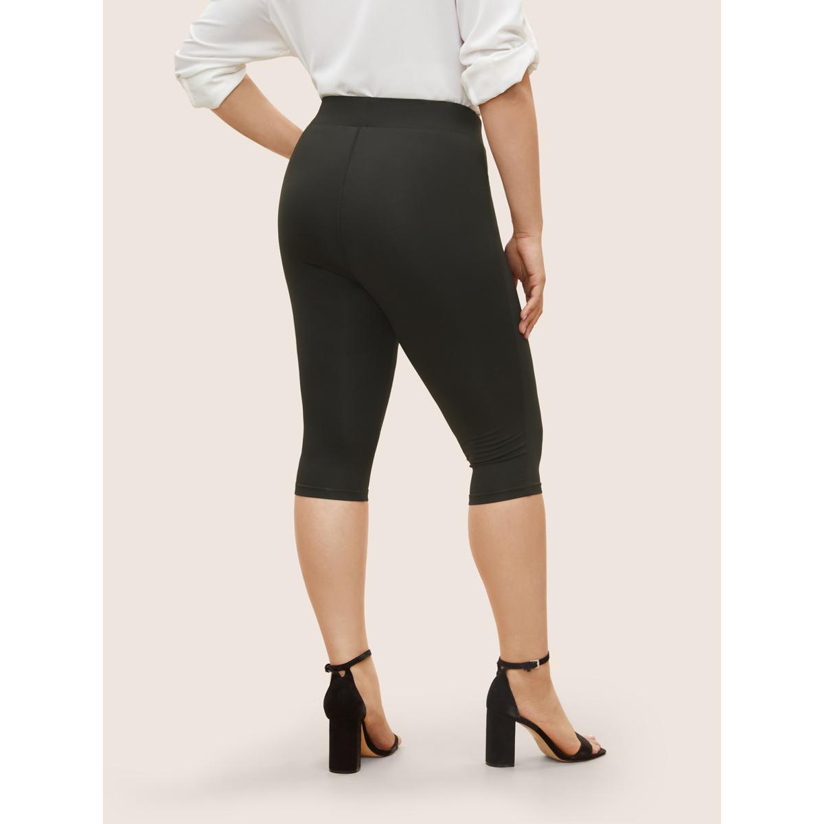 Plus Size Solid Metal Chain Detail Pocket High Rise Leggings Women Black At the Office High stretch Skinny High Rise Work Leggings BloomChic 30/6X Product Image