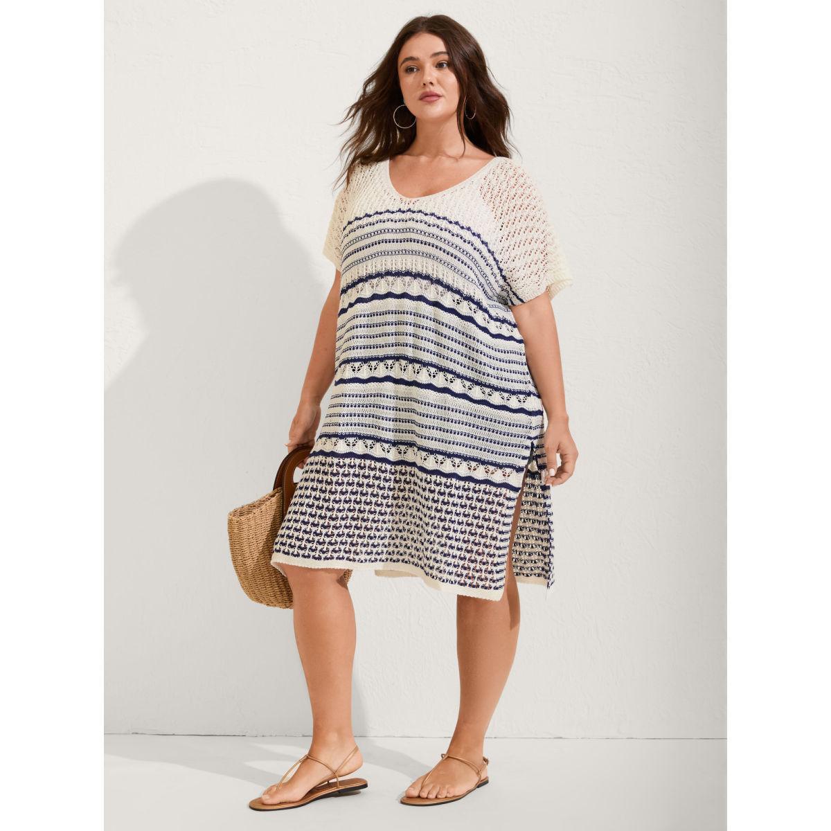 Plus Size Stripes Crochet V-Neck Swim Cover-Up Women's Swimwear Indigo Beach Loose Texture Curve Swim Cover Ups BloomChic 30/6X Product Image