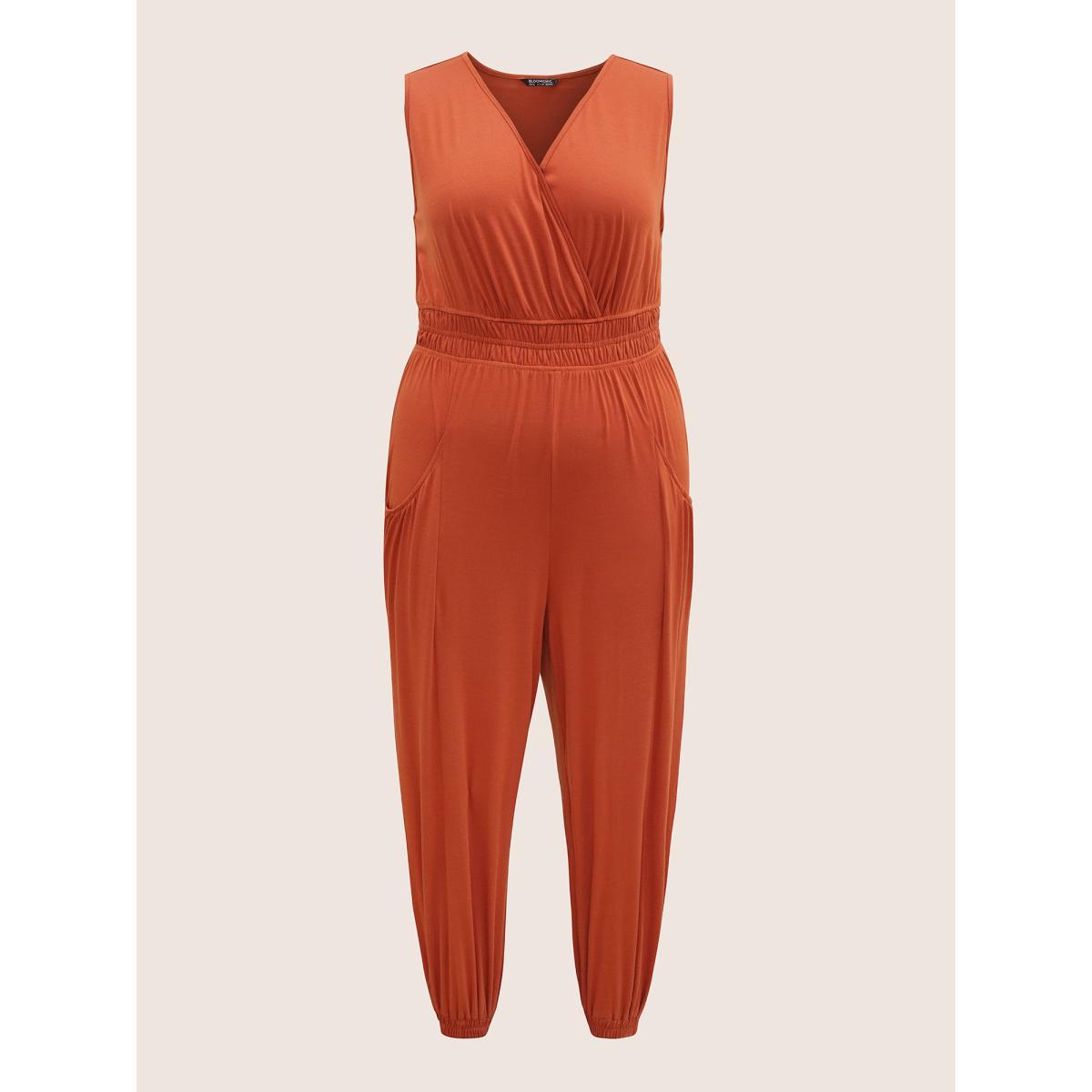 Plus Size OrangeRed Supersoft Essentials Wrap Patched Pocket Tank Jumpsuit Women Casual Sleeveless Overlap Collar Everyday Loose Jumpsuits BloomChic 14-16/1X Product Image