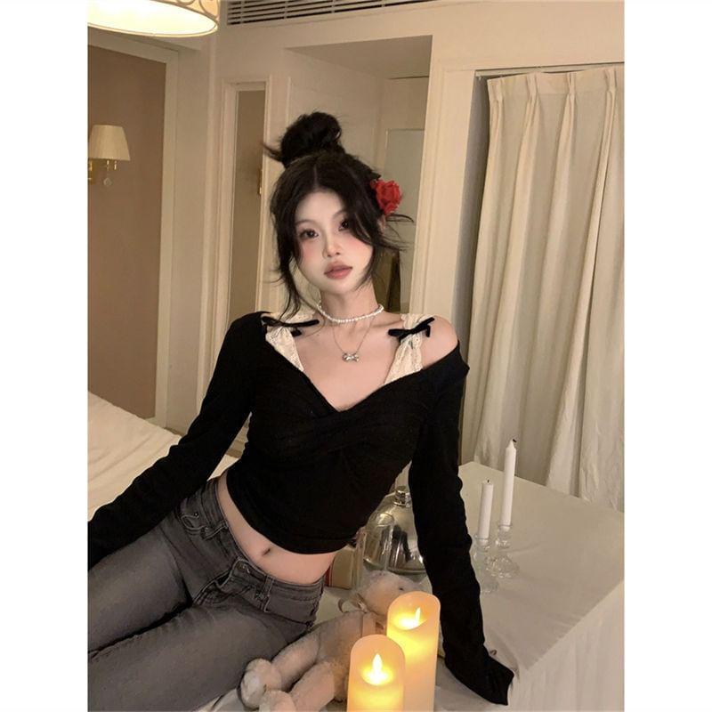 Long Sleeve Cold Shoulder Bow Mock Two Piece Panel Lace Top Product Image