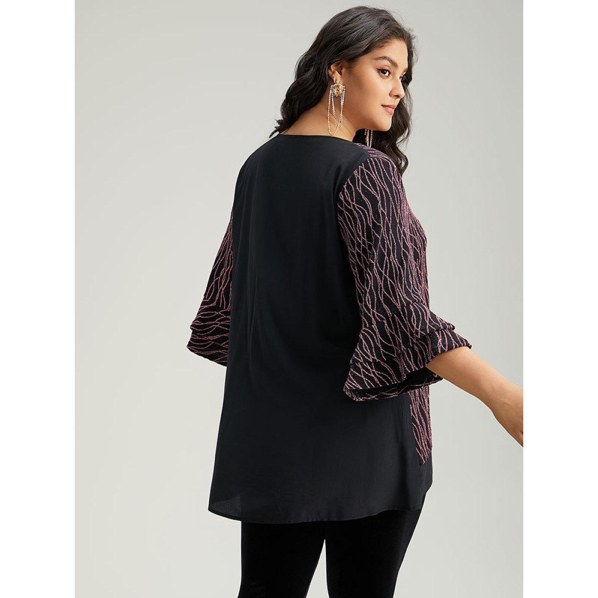 Plus Size Black Lurex Layered Ruffle Sleeve Patchwork Blouse Women Glamour Elbow-length sleeve V-neck Festival-Christmas Blouses BloomChic 10/M Product Image