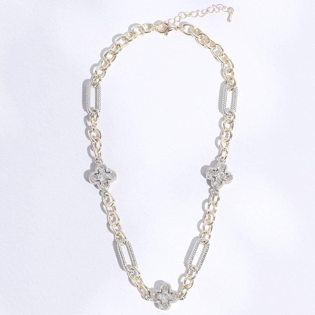 CZ Clover Pendant Multi-Toned Link Necklace Product Image