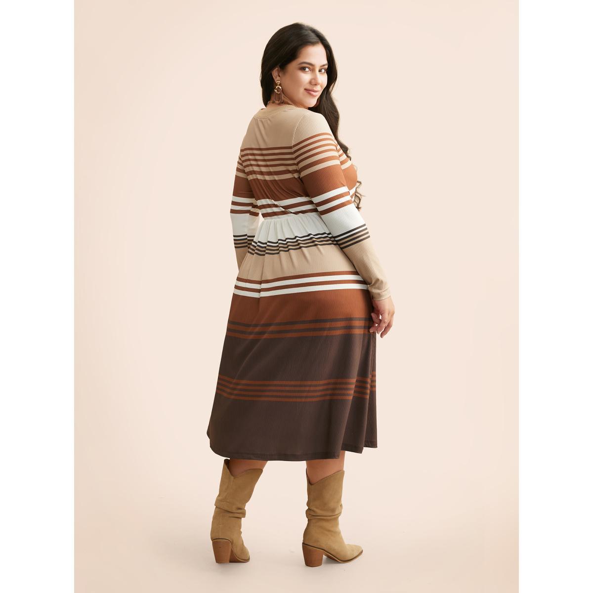 Plus Size Contrast Striped V Neck Midi Dress Yellowishbrown Women Elegant Texture V-neck Extra Long Sleeve Curvy BloomChic 22-24/3X Product Image