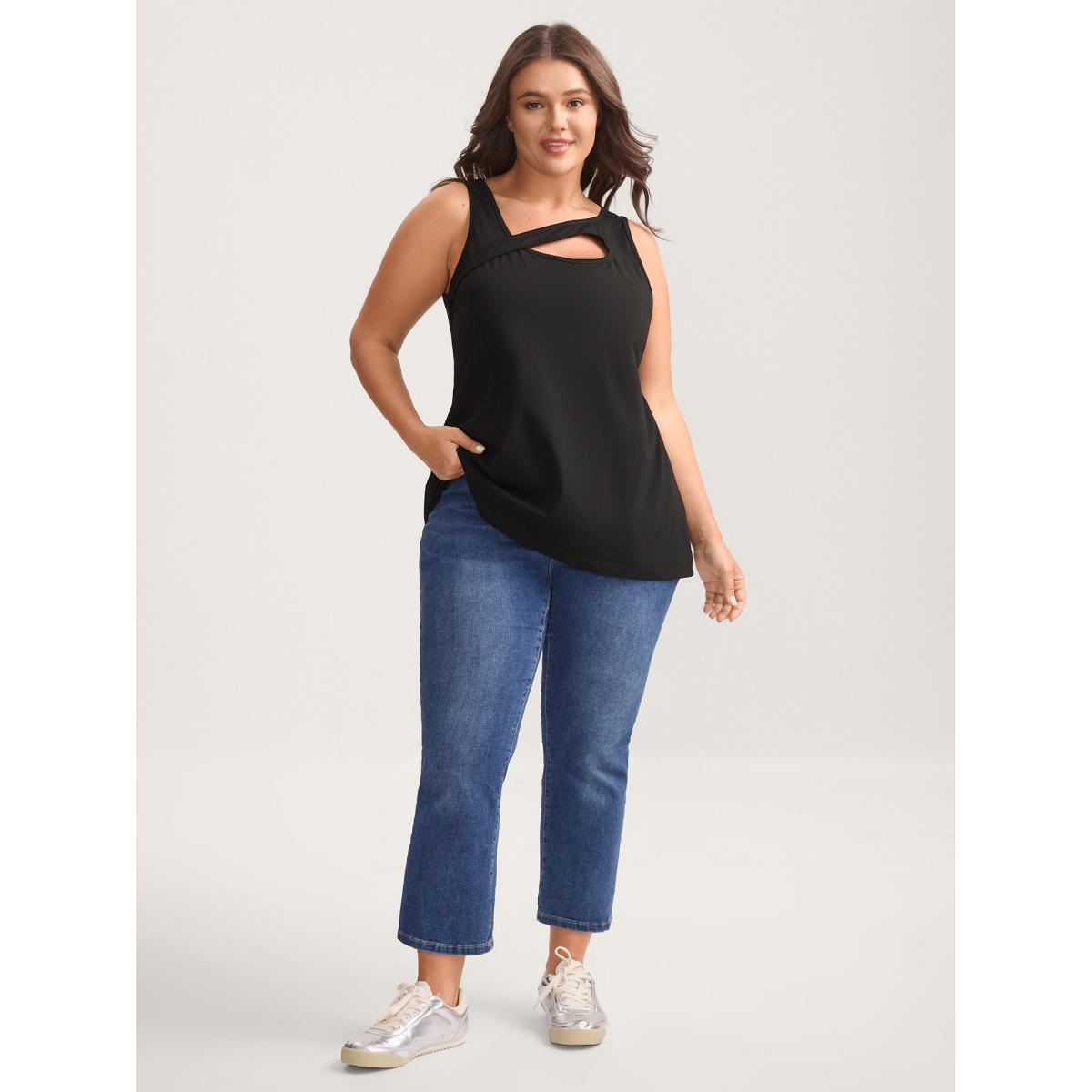 Plus Size Stretchy Neck Cut-Out Solid Tank Top Women Black Non Asymmetrical Neck Everyday-Casual Tank Tops Camis BloomChic 14-16/1X Product Image