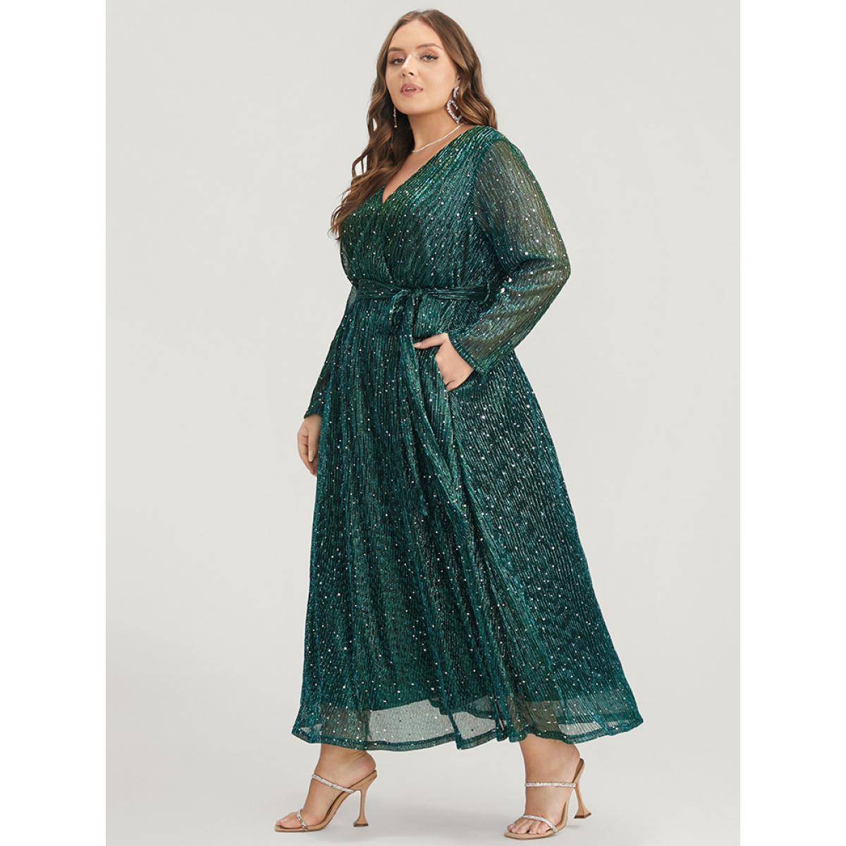 Plus Size Solid Pocket Wrap Belted Sequin Mesh Maxi Dress DarkGreen Women Cocktail Belted V-neck Long Sleeve Curvy Long Dress BloomChic 12/L Product Image