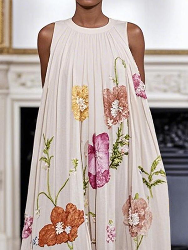 A-Line Loose Floral Printed Pleated Split-Joint Round-Neck Evening Dresses Maxi Dresses Product Image