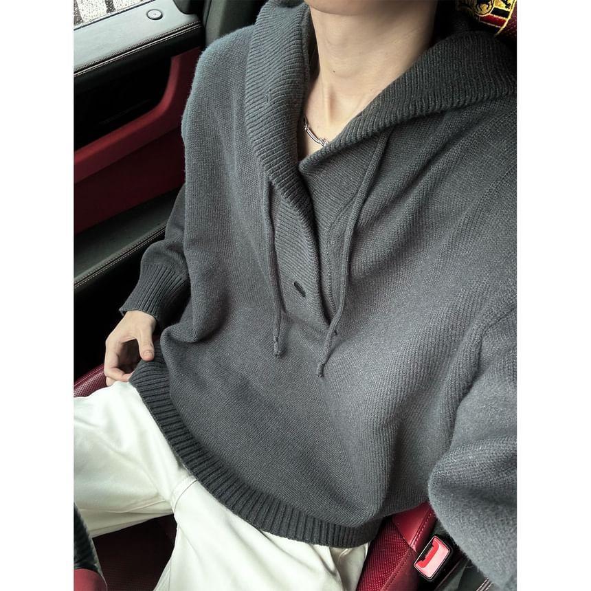 Half Buttoned Plain Knit Hoodie Product Image