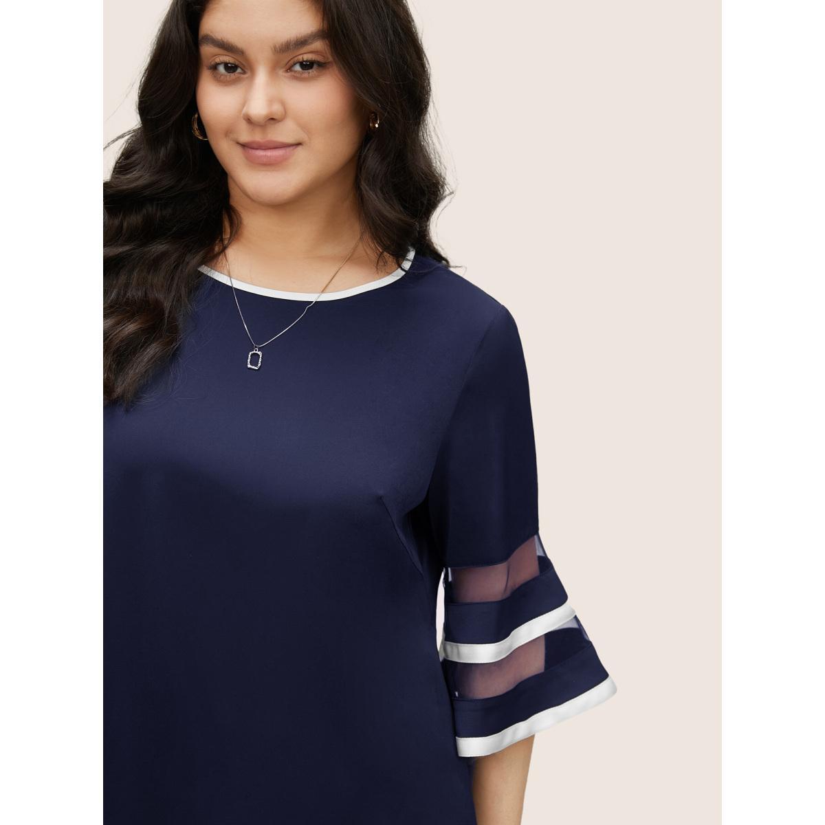 Plus Size Indigo Contrast Patchwork Mesh Bell Sleeve Blouse Women At the Office Elbow-length sleeve Round Neck Work Blouses BloomChic 22-24/3X Product Image