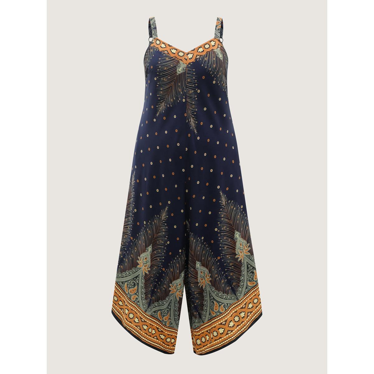 Plus Size Navy Boho Print Asymmetrical Hem Jumpsuit Women Sleeveless V-neck Vacation Loose Jumpsuits BloomChic 26/4X Product Image