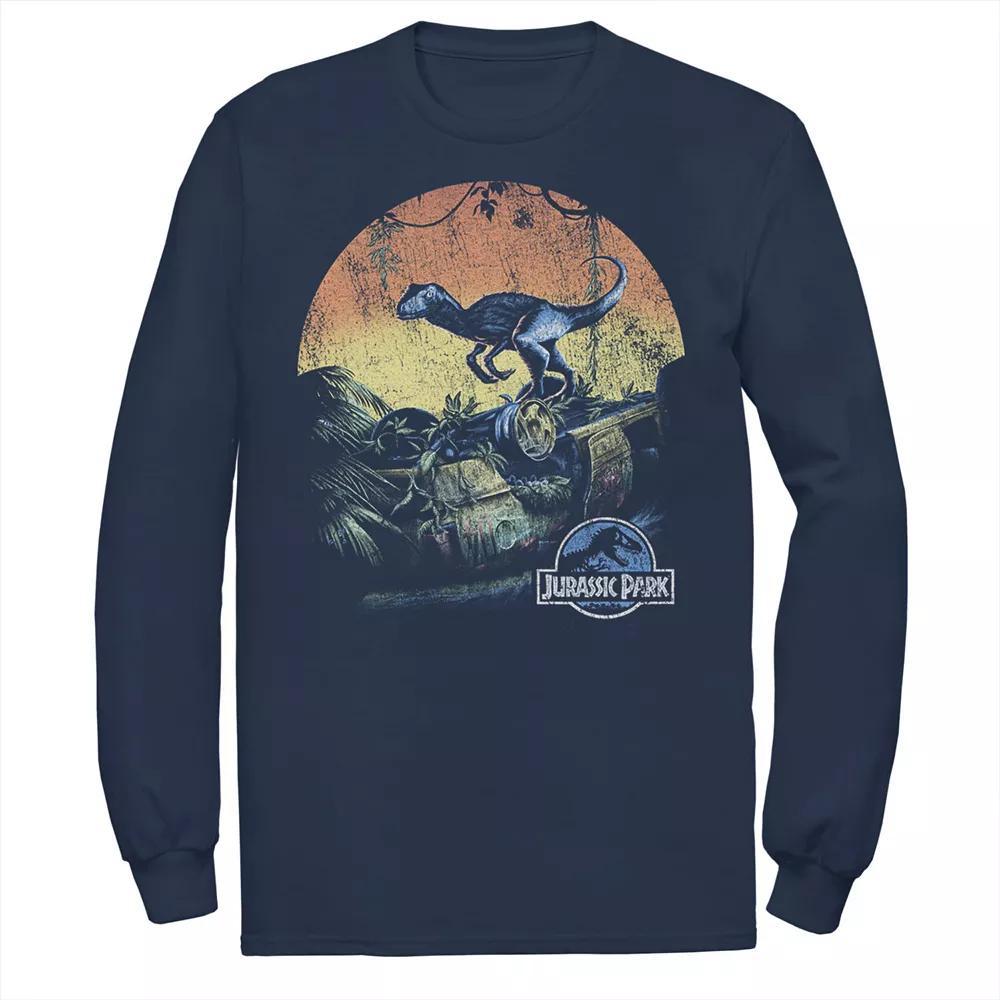 Men's Jurassic World Retro Raptor Sunset in Jungle Tee, Size: Small, Blue Product Image