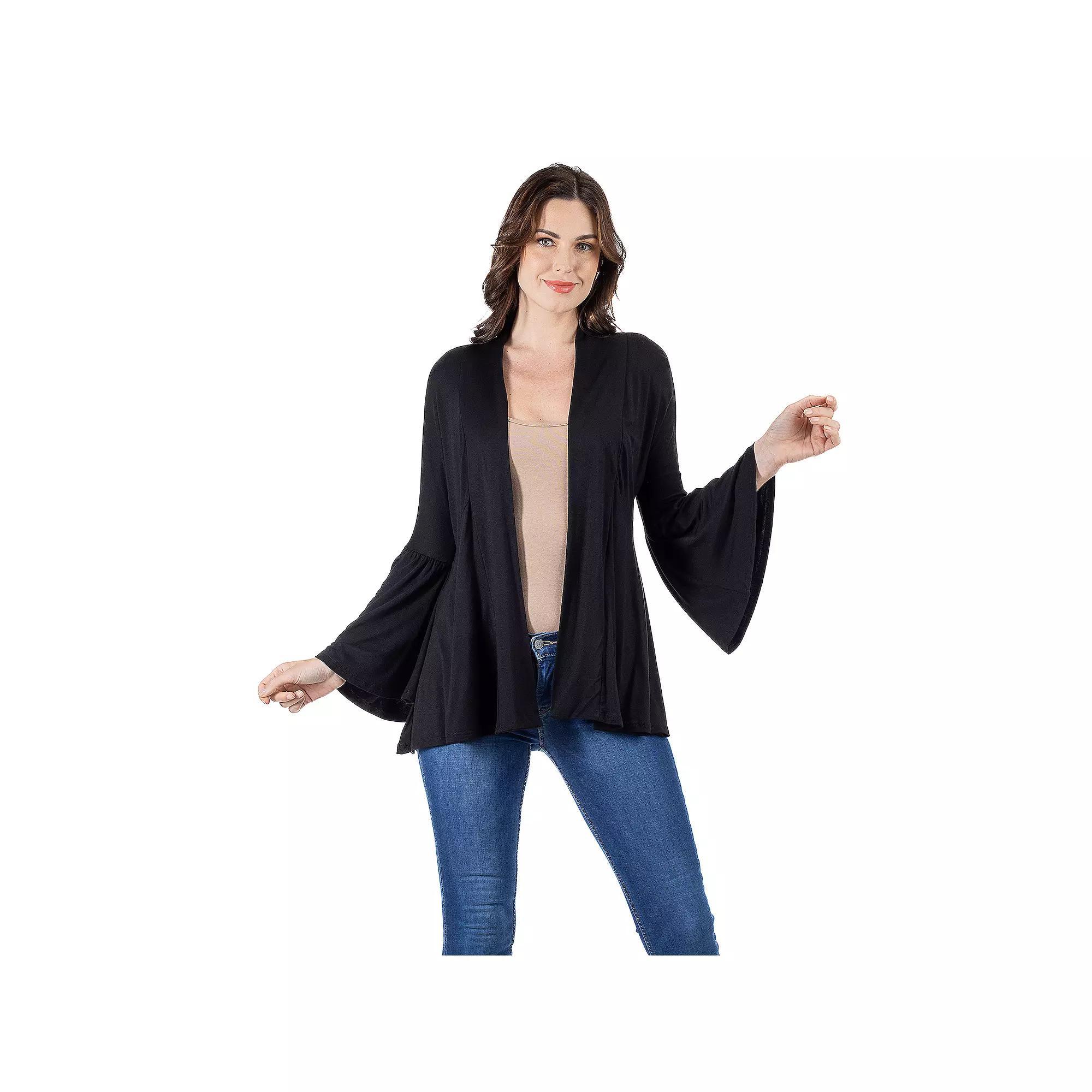 Women's 24Seven Comfort Apparel Bell Sleeve Flared Open Front Cardigan, Size: Medium, Black Product Image