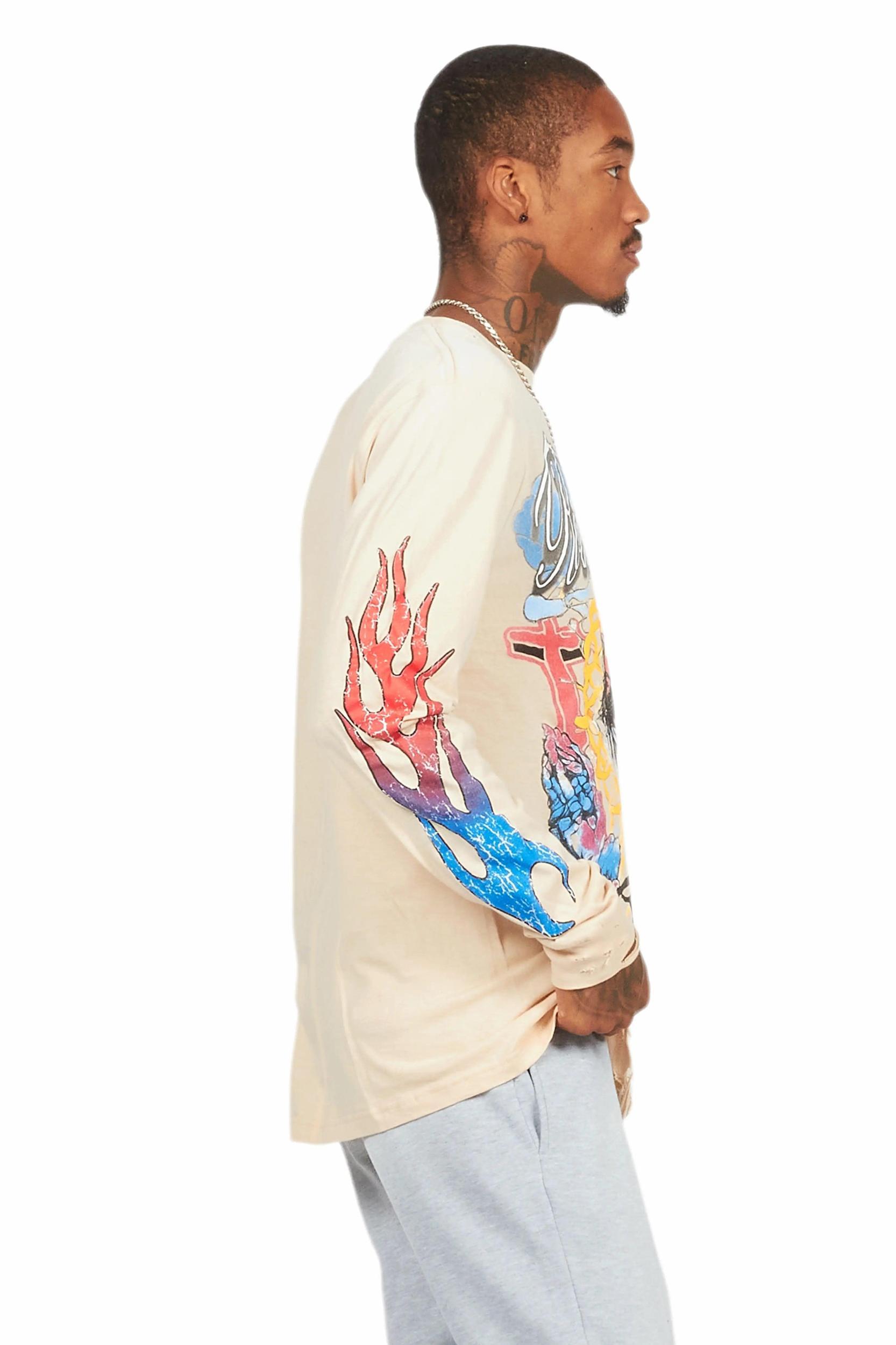 Tadashi Beige Long Sleeve Graphic T-Shirt Male Product Image
