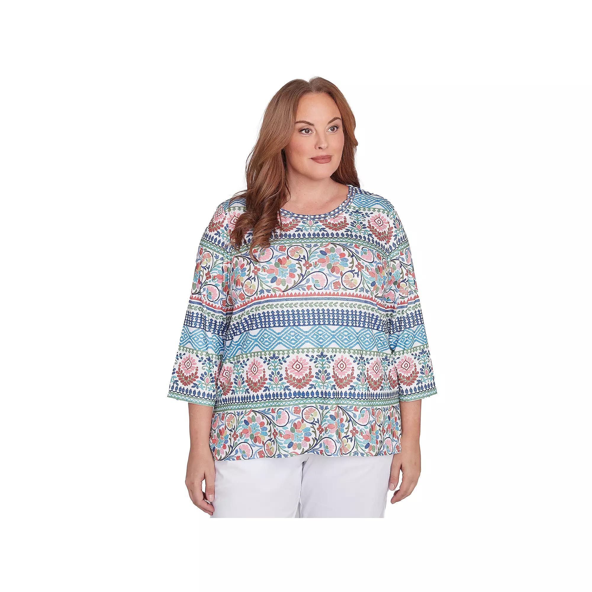 Plus Size Alfred Dunner Knit Scroll Geometric Crewneck Top, Womens Blue Team Product Image