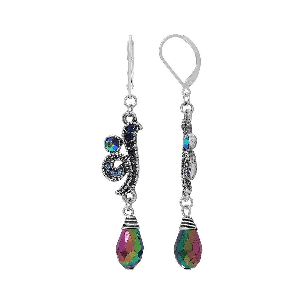 1928 Silver Tone Blue & Aurora Borealis Crystal Oxidized Art Deco Drop Earrings, Womens Product Image