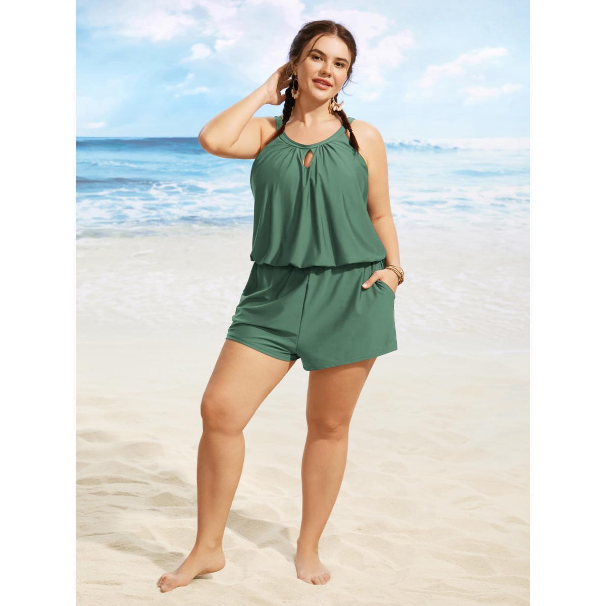 Plus Size Solid Keyhole Elastic Waist Gathered One Piece Swimsuit Women's Swimwear Palemauve Beach Gathered Curve Bathing Suits High stretch One Pieces BloomChic 10/M Product Image