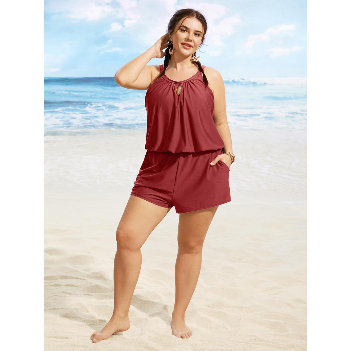 Plus Size Solid Keyhole Elastic Waist Gathered One Piece Swimsuit Women's Swimwear Rust Beach Gathered Curve Bathing Suits High stretch One Pieces BloomChic 14-16/1X Product Image