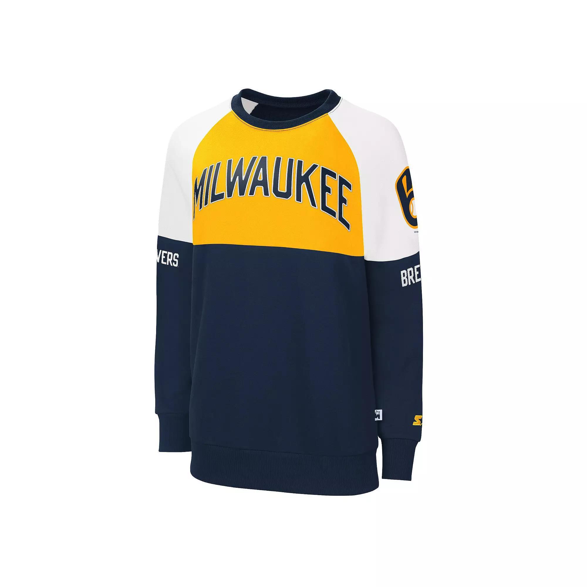 Women's Starter Navy/Gold Milwaukee Brewers Baseline Raglan Pullover Sweatshirt, Size: XS, Blue Product Image
